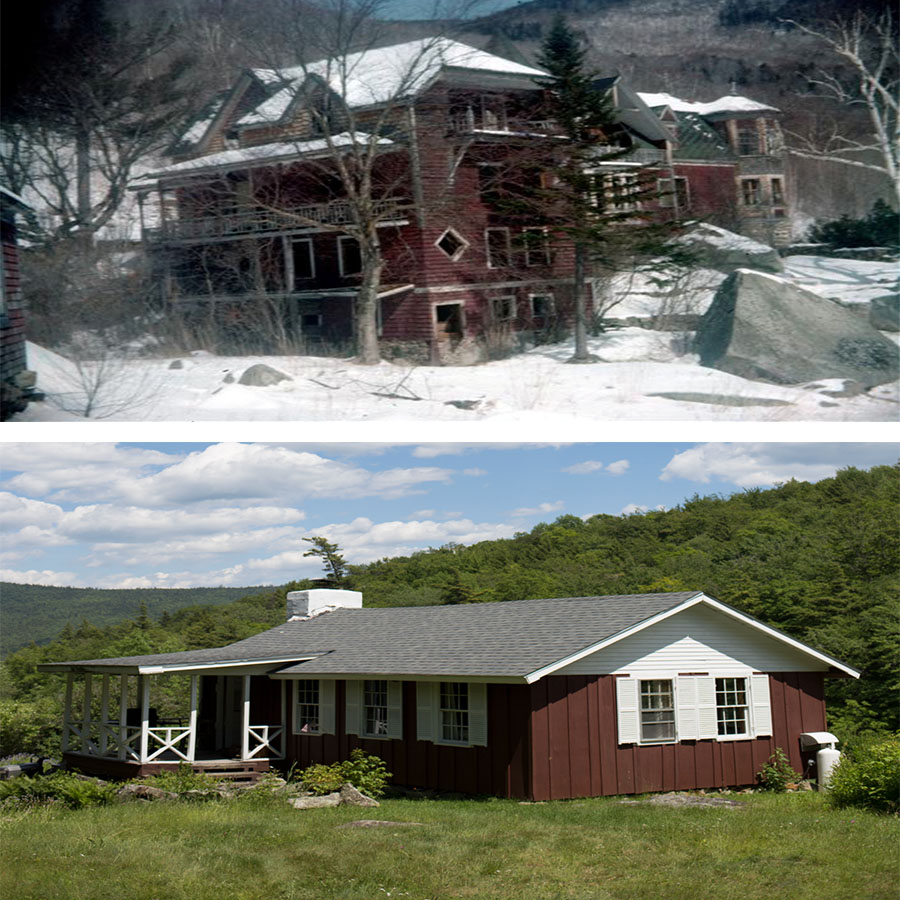 Top: Saunders Mansion in 1963 before being burnt down in 1965. Source: Ted Houghton. Bottom: Shackford Cabin. Source: NHPR cabin